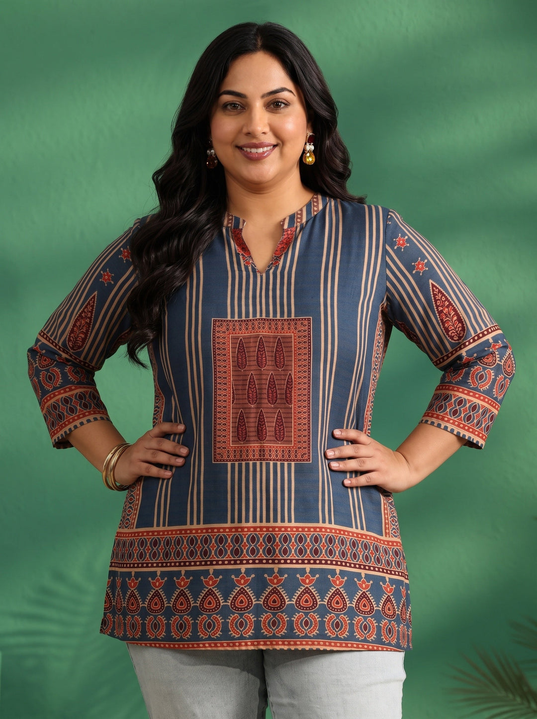 Plus Size Blue Striped Silk Blend Short Kurti
