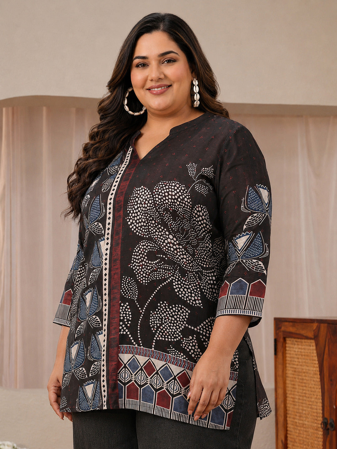 Plus Size Black Floral Printed Silk Blend Straight Short Kurti
