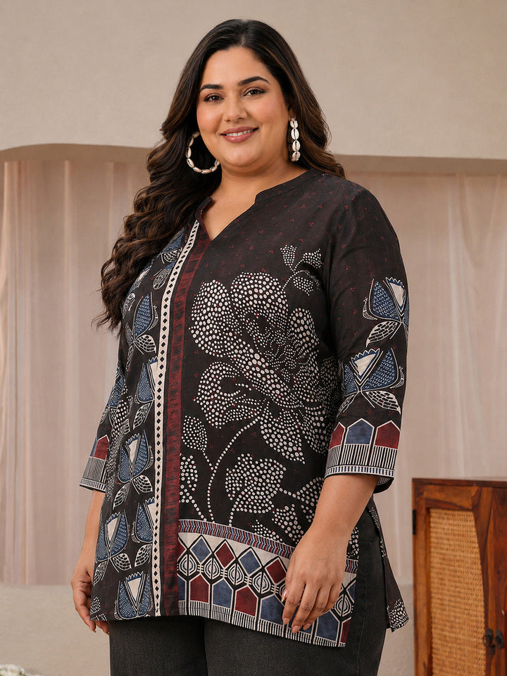 Plus Size Black Floral Printed Silk Blend Straight Short Kurti