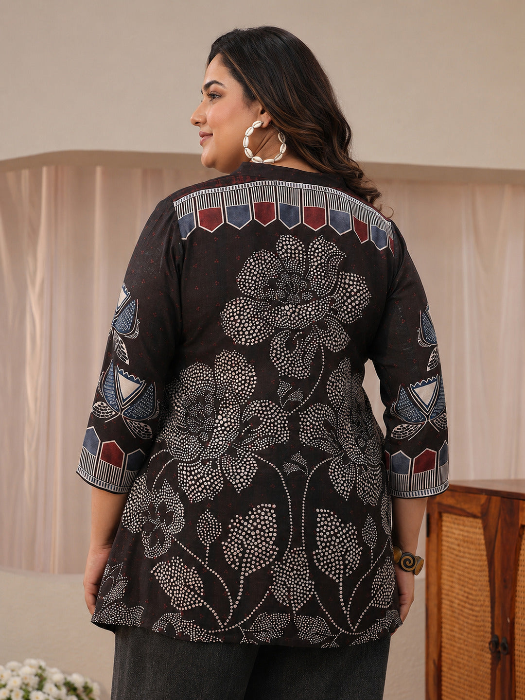 Plus Size Black Floral Printed Silk Blend Straight Short Kurti