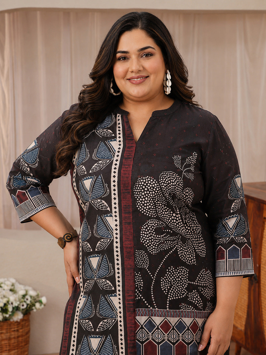 Plus Size Black Floral Printed Silk Blend Straight Short Kurti