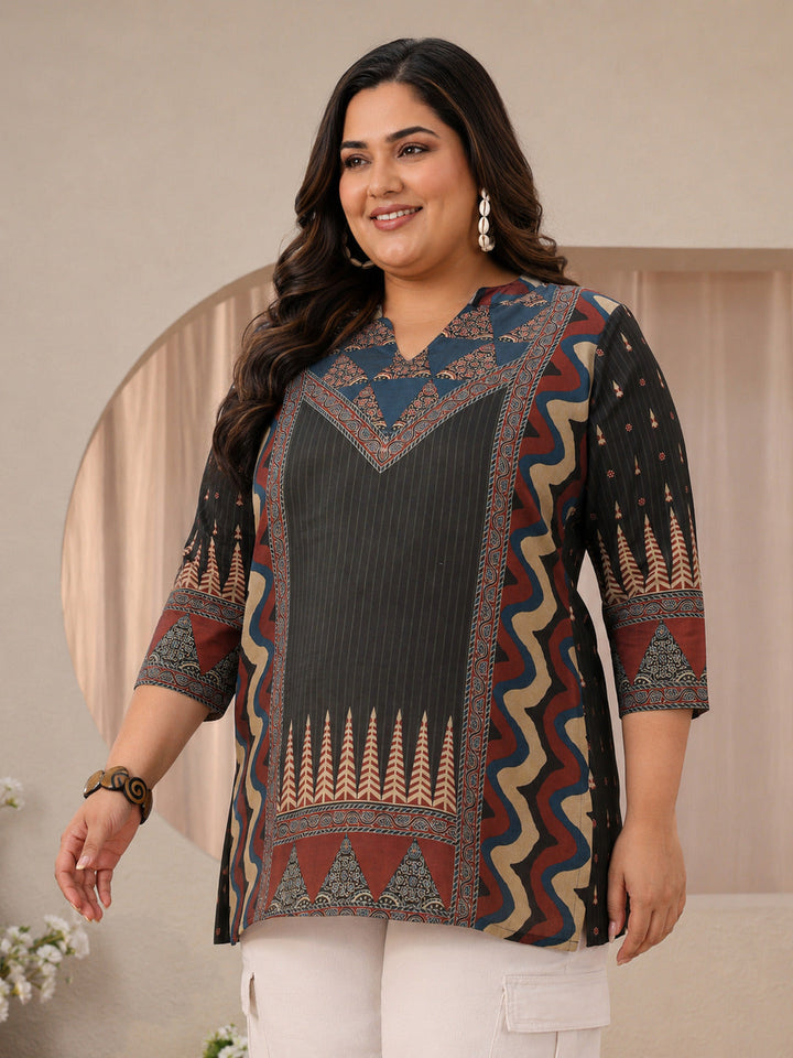 Plus Size Grey Multi Printed Silk Blend Straight Short Kurti