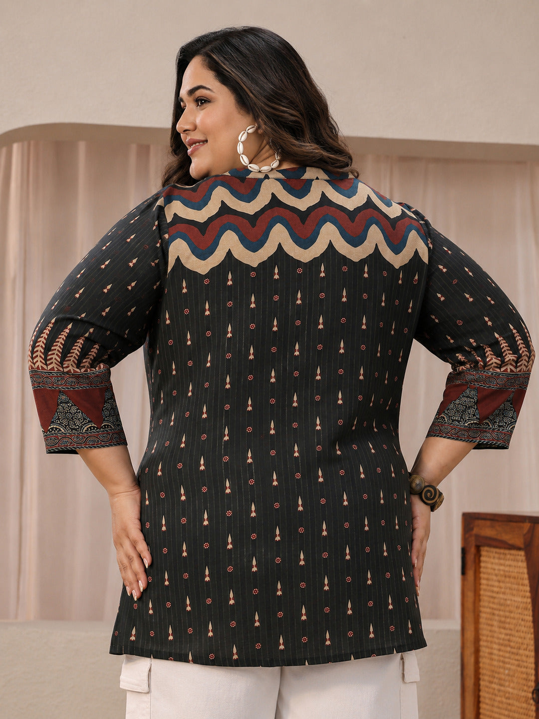 Plus Size Grey Multi Printed Silk Blend Straight Short Kurti