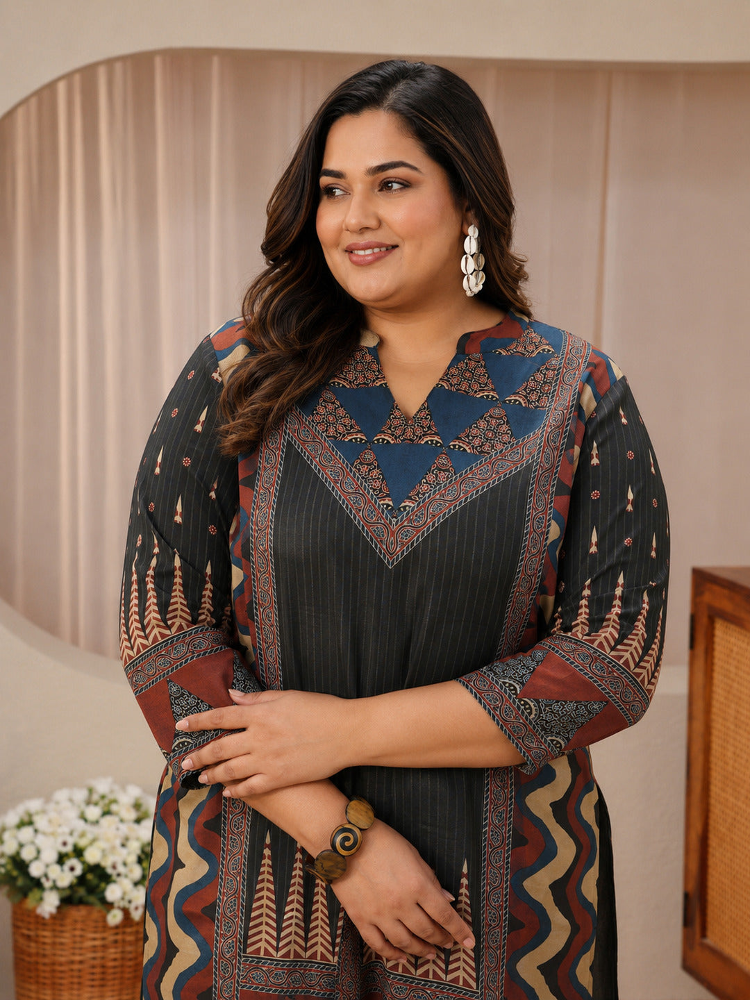 Plus Size Grey Multi Printed Silk Blend Straight Short Kurti