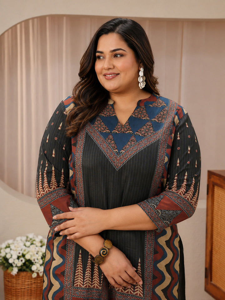 Plus Size Grey Multi Printed Silk Blend Straight Short Kurti