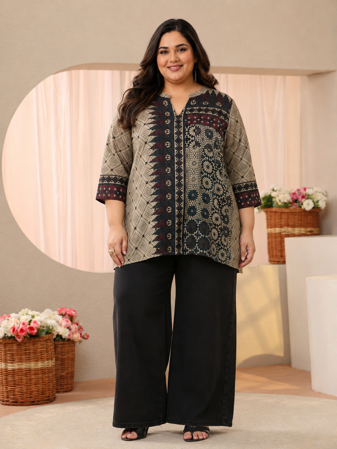Plus Size Off White Ethnic Printed Silk Blend Straight Short Kurti