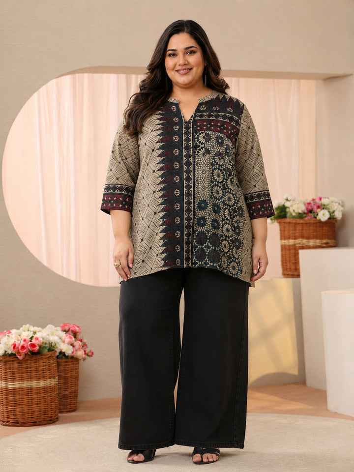 Plus Size Off White Ethnic Printed Silk Blend Straight Short Kurti