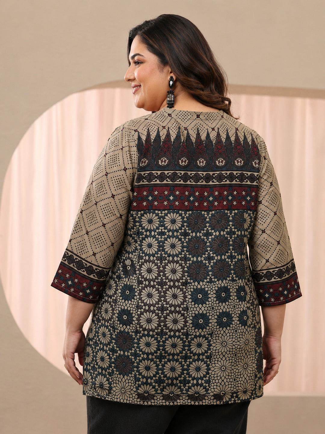 Plus Size Off White Ethnic Printed Silk Blend Straight Short Kurti