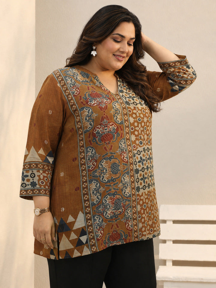 Plus Size Rust Ethnic Printed Silk Blend Straight Short Kurti