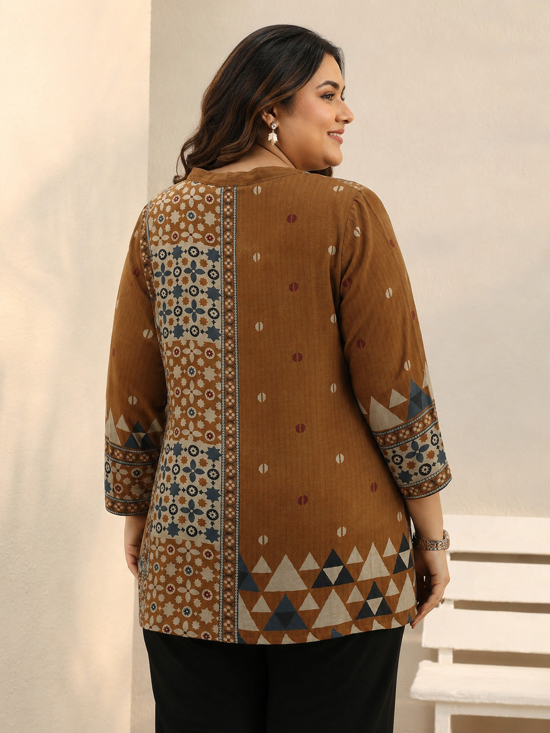 Plus Size Rust Ethnic Printed Silk Blend Straight Short Kurti