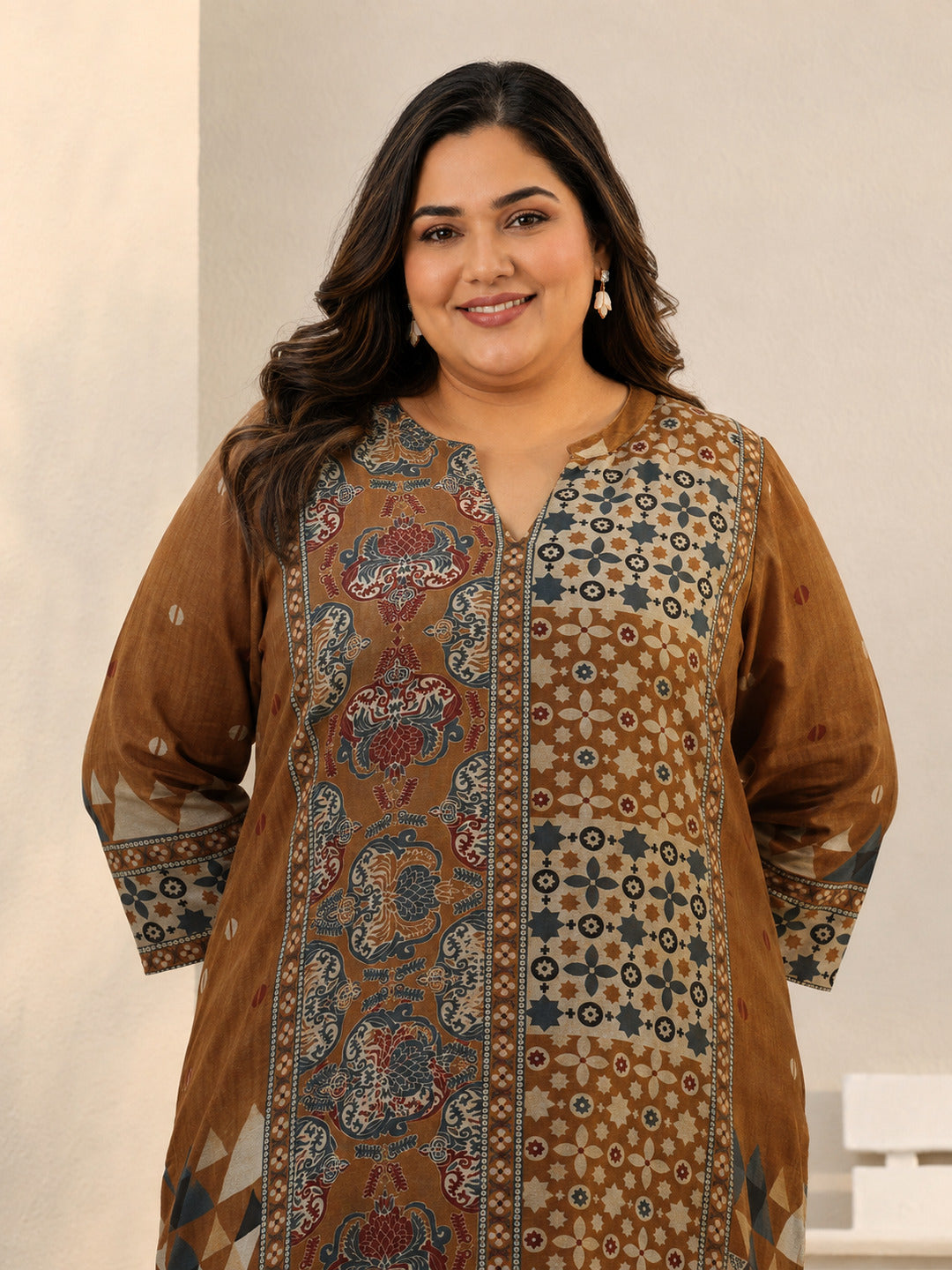 Plus Size Rust Ethnic Printed Silk Blend Straight Short Kurti