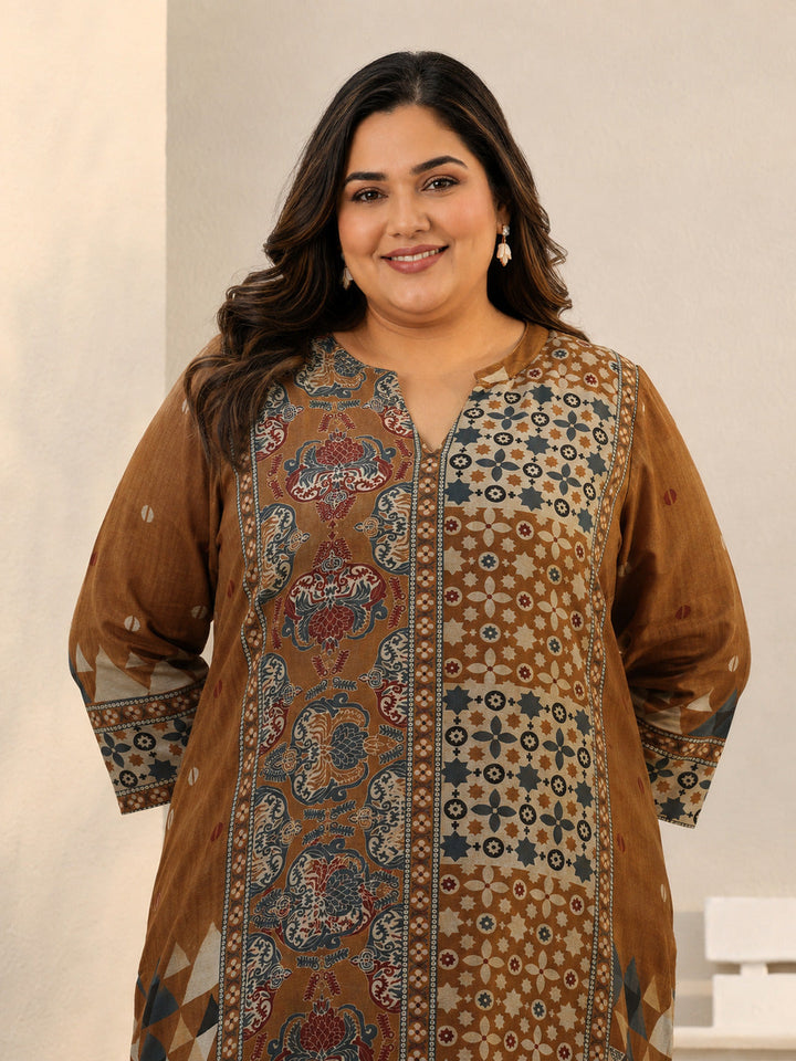 Plus Size Rust Ethnic Printed Silk Blend Straight Short Kurti
