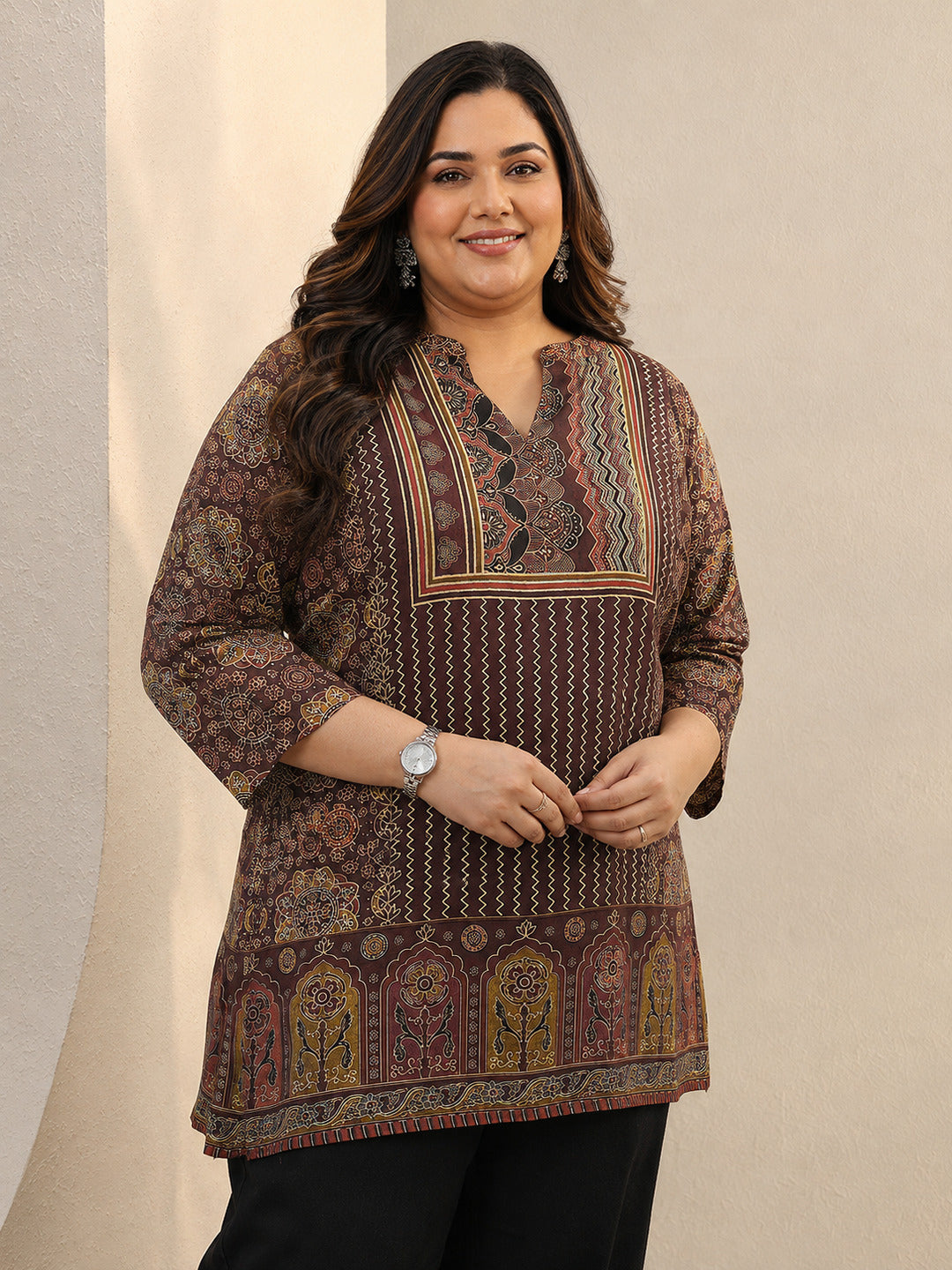 Plus Size Burgundy Ethnic Printed Silk Blend Straight Short Kurti
