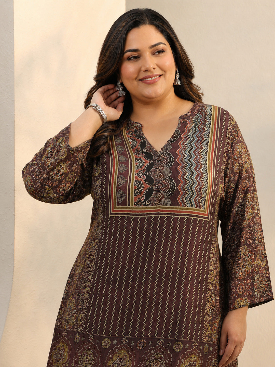Plus Size Burgundy Ethnic Printed Silk Blend Straight Short Kurti