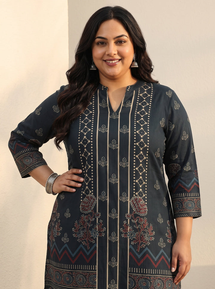 Plus Size Blue Floral Printed Silk Blend Straight Short Kurti