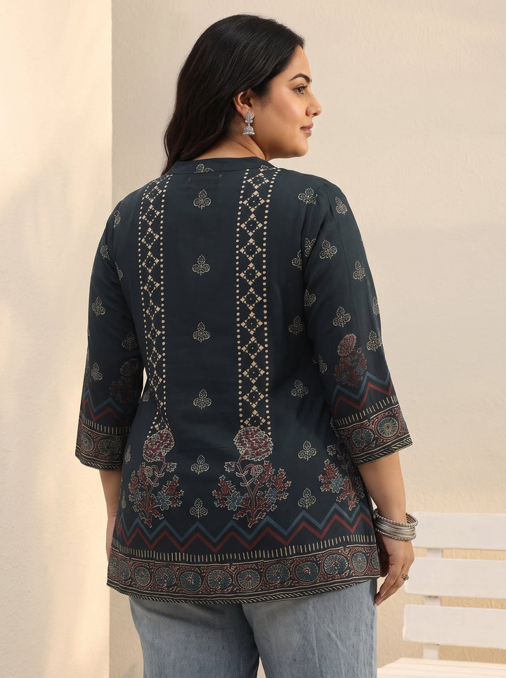 Plus Size Blue Floral Printed Silk Blend Straight Short Kurti