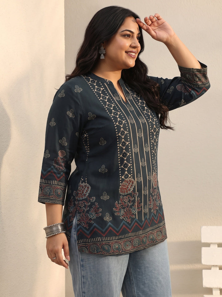 Plus Size Blue Floral Printed Silk Blend Straight Short Kurti