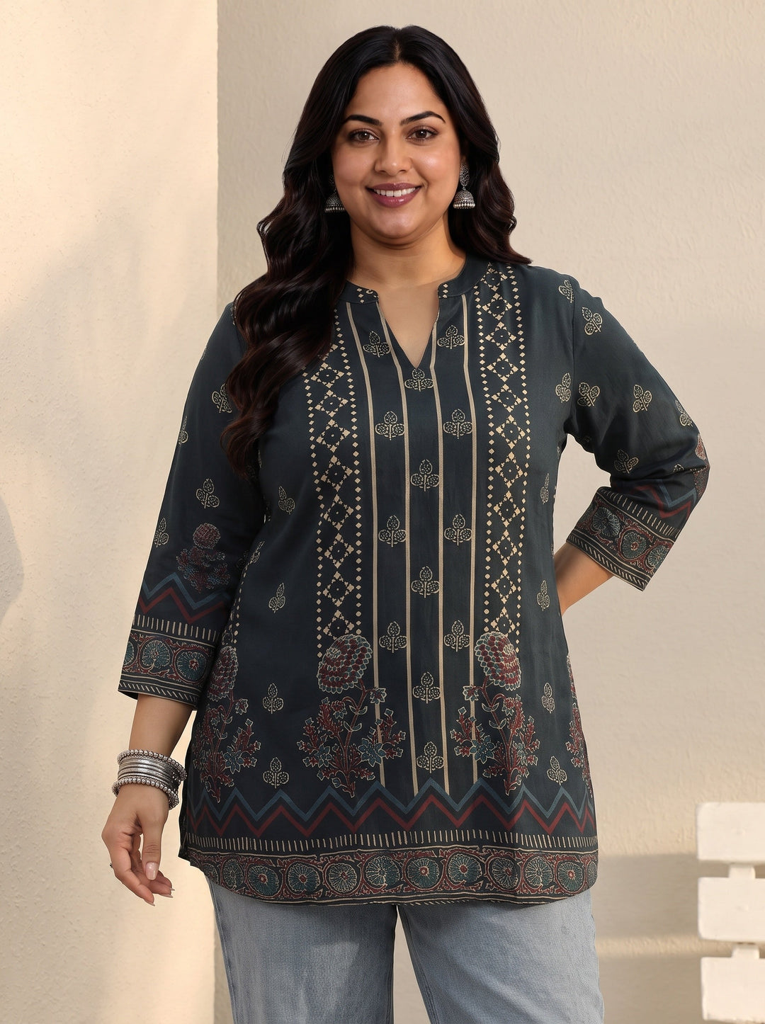 Plus Size Blue Floral Printed Silk Blend Straight Short Kurti
