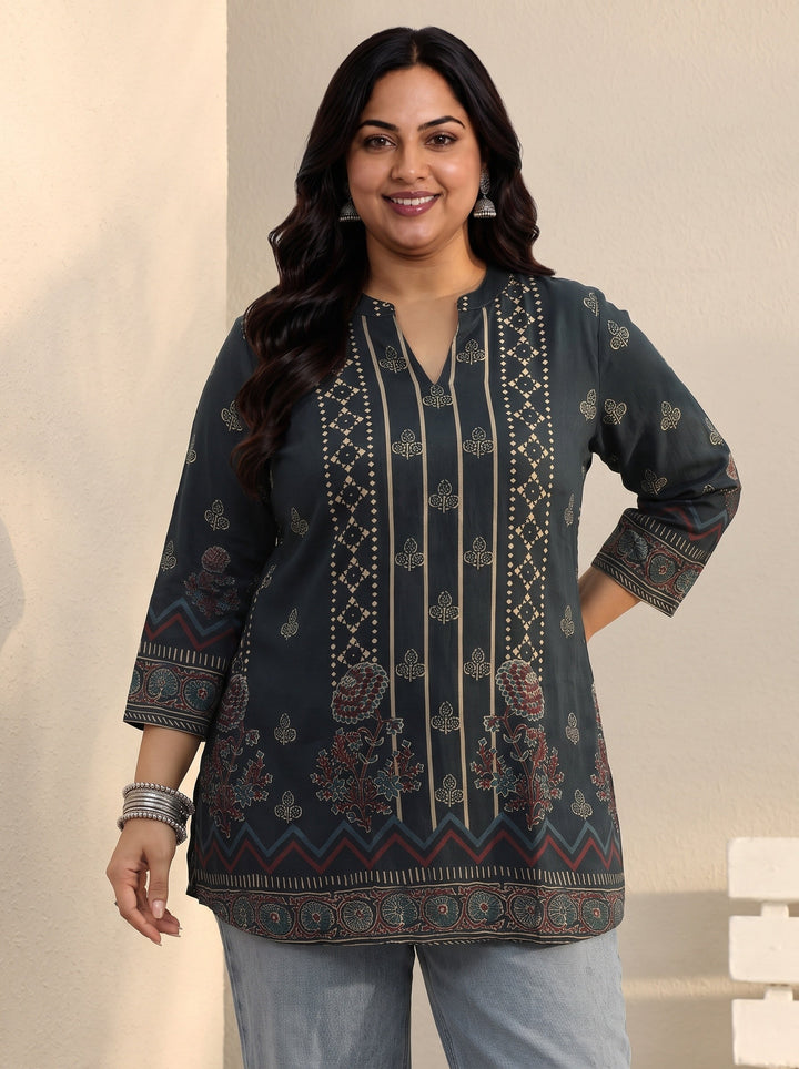 Plus Size Blue Floral Printed Silk Blend Straight Short Kurti