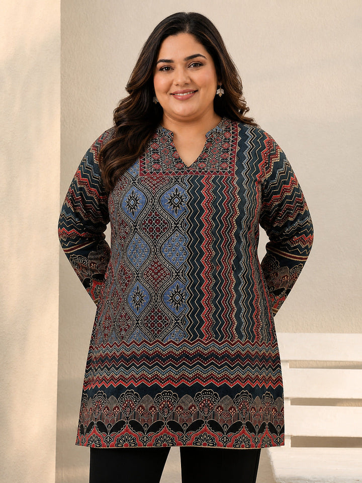 Plus Size Multi Colour Ethnic Printed Silk Blend Straight Short Kurti