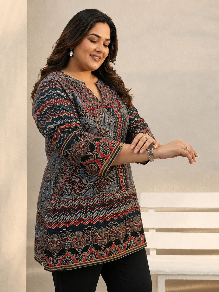 Plus Size Multi Colour Ethnic Printed Silk Blend Straight Short Kurti