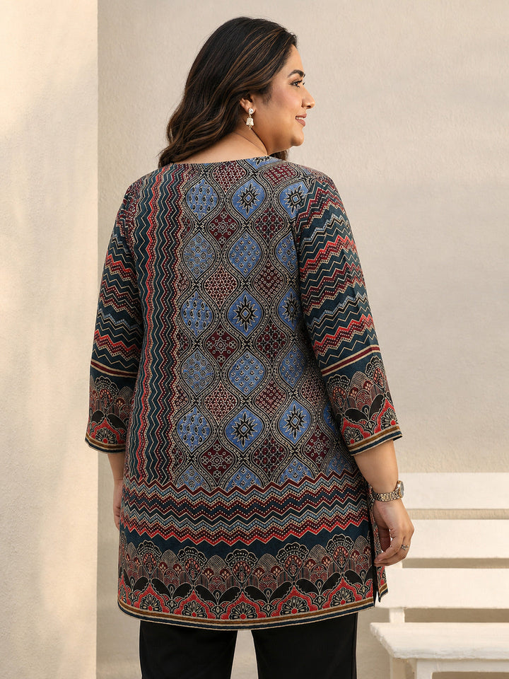 Plus Size Multi Colour Ethnic Printed Silk Blend Straight Short Kurti