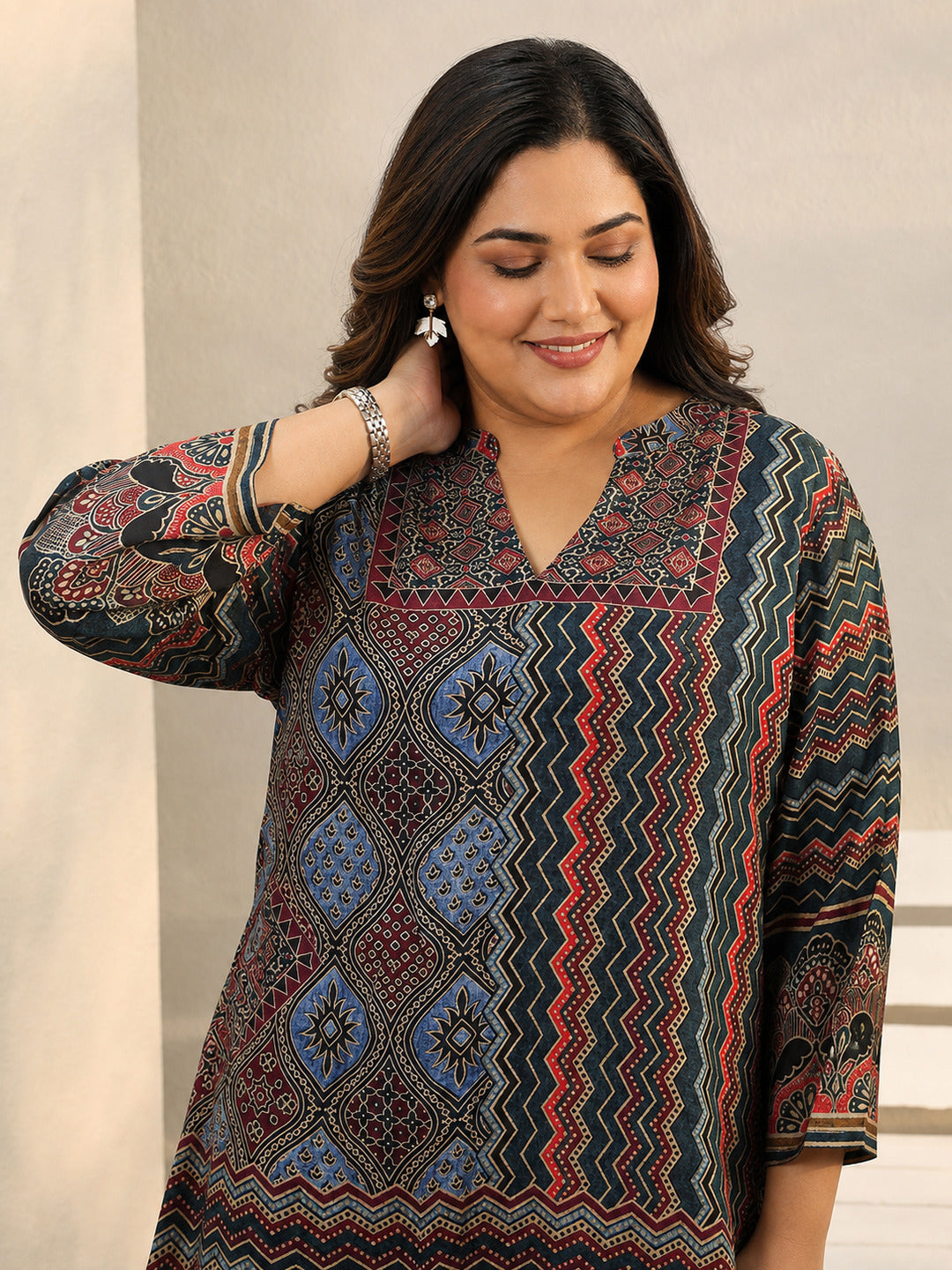 Plus Size Multi Colour Ethnic Printed Silk Blend Straight Short Kurti