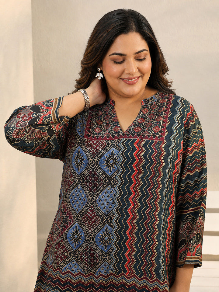 Plus Size Multi Colour Ethnic Printed Silk Blend Straight Short Kurti