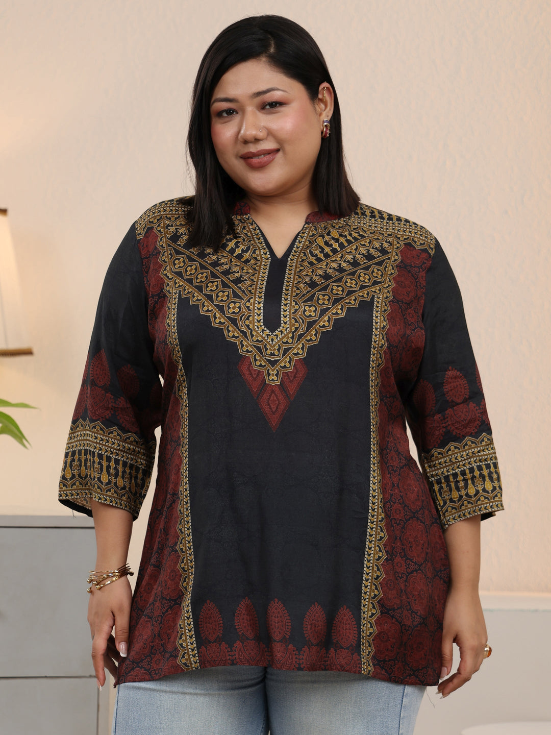 Plus Size Black Ethnic Printed Silk Blend Straight Short Kurti