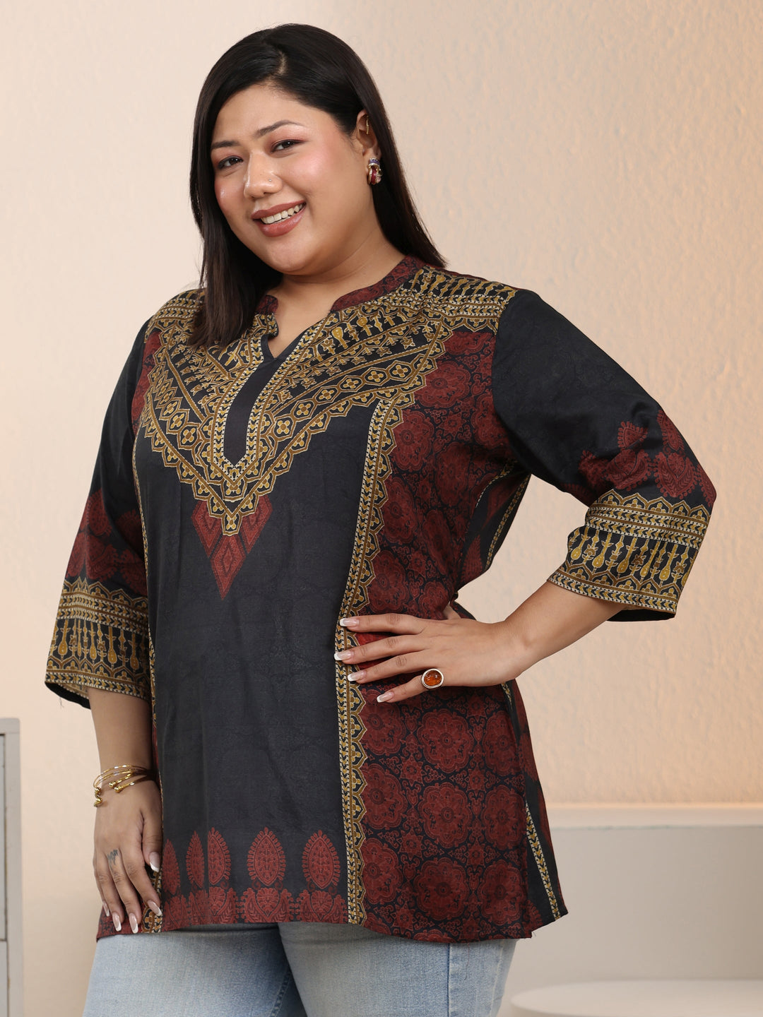 Plus Size Black Ethnic Printed Silk Blend Straight Short Kurti