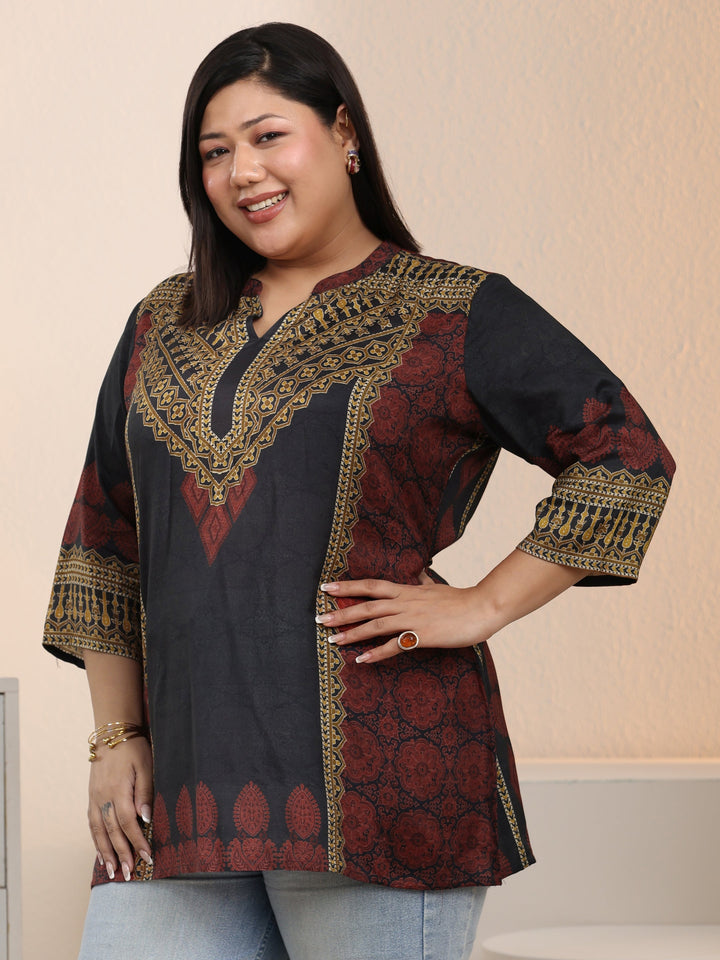 Plus Size Black Ethnic Printed Silk Blend Straight Short Kurti