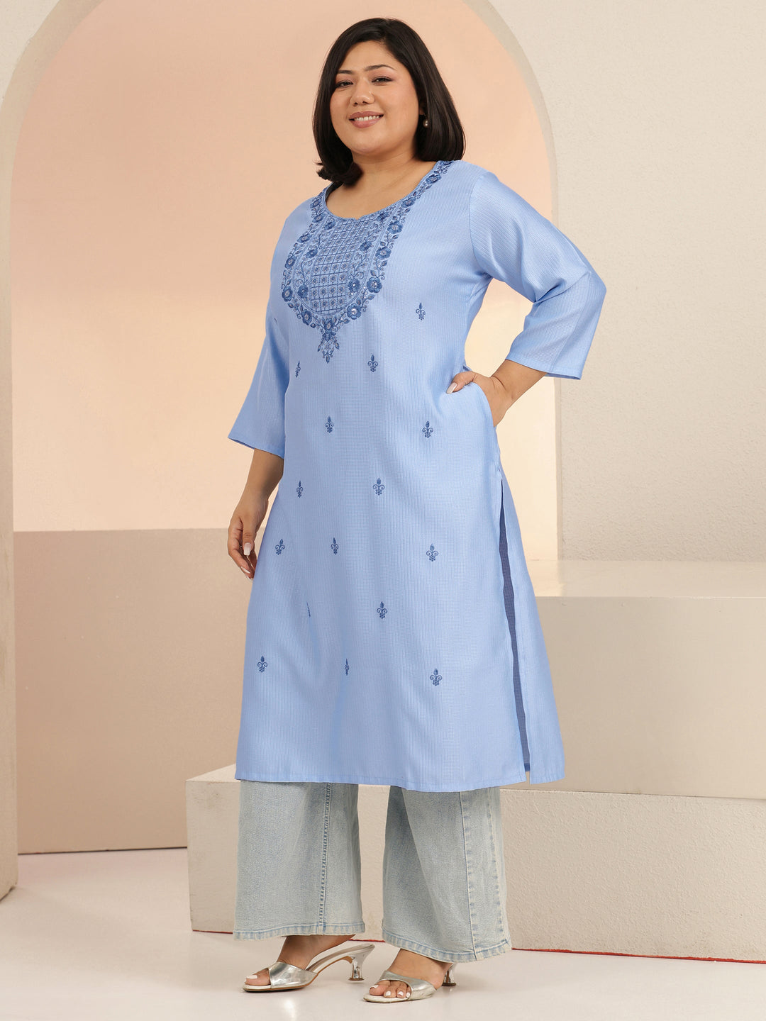 Plus Size Blue floral embroidered jacquard Cotton straight kurta