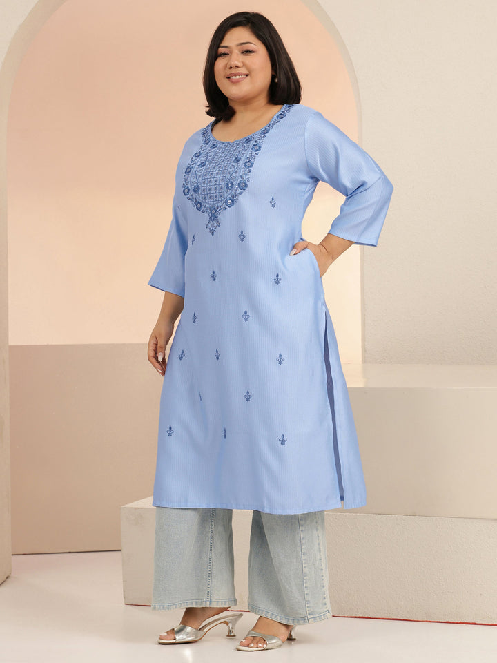 Plus Size Blue floral embroidered jacquard Cotton straight kurta