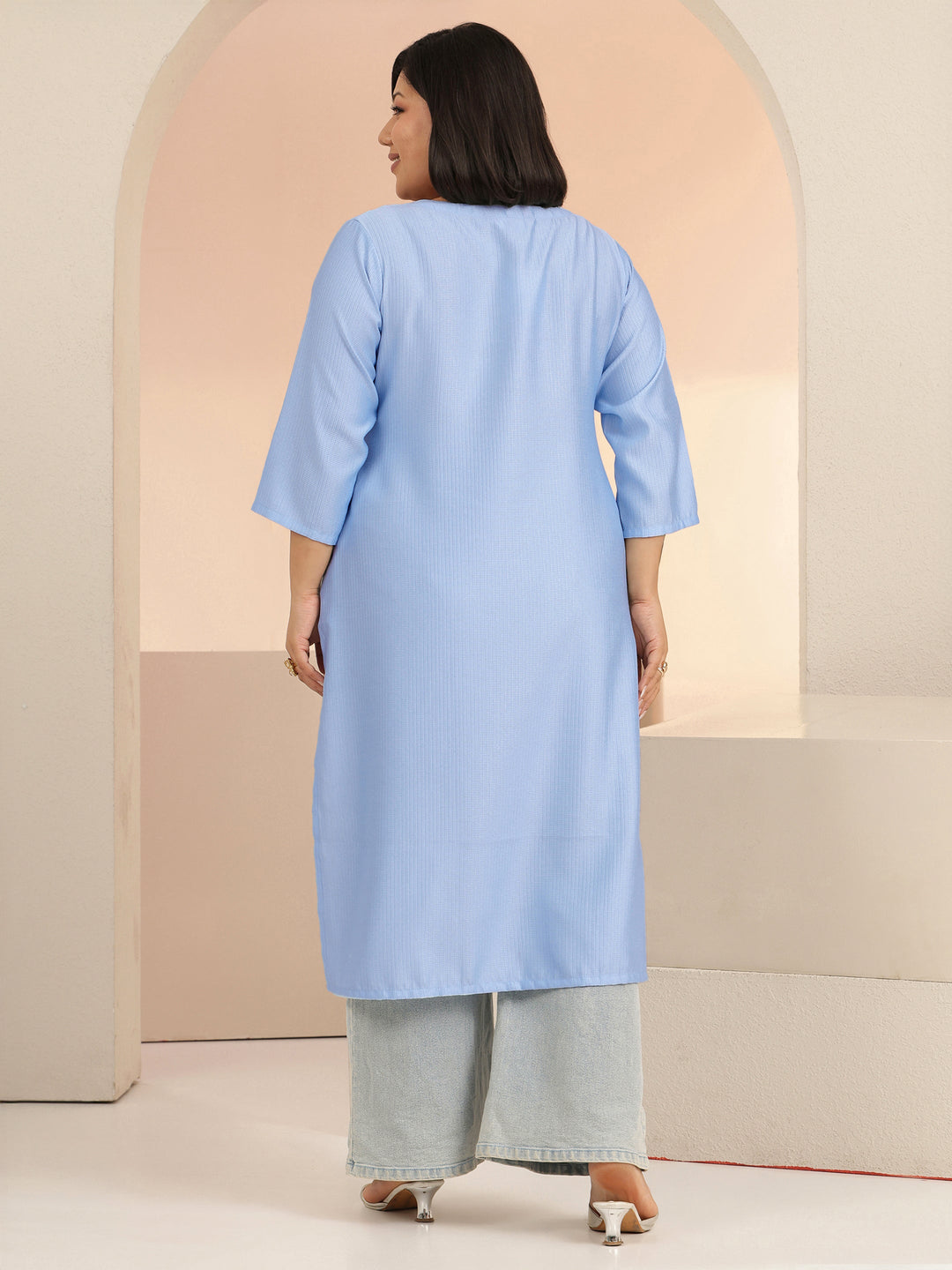 Plus Size Blue floral embroidered jacquard Cotton straight kurta