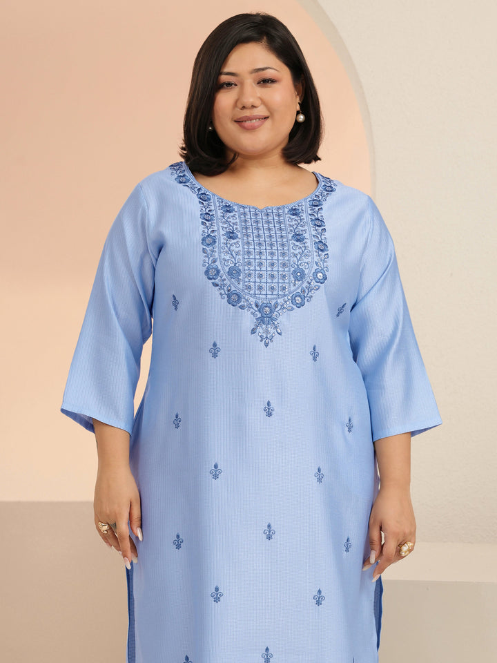 Plus Size Blue floral embroidered jacquard Cotton straight kurta