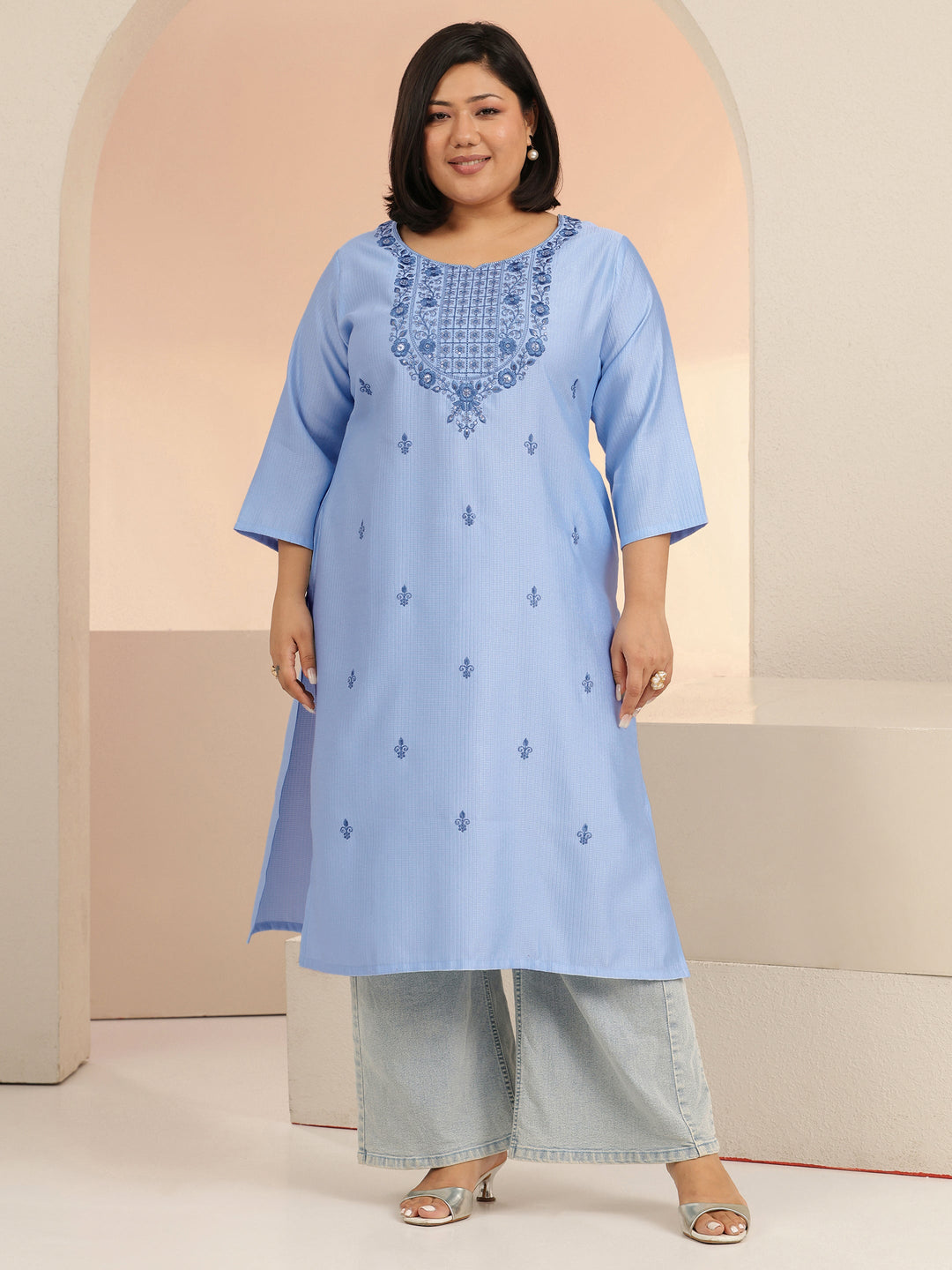 Plus Size Blue floral embroidered jacquard Cotton straight kurta