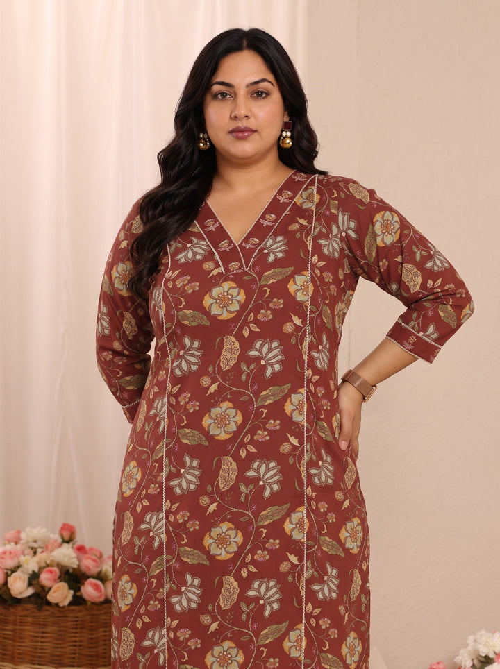 Plus Size Brown Floral Printed Cotton Straight Kurta