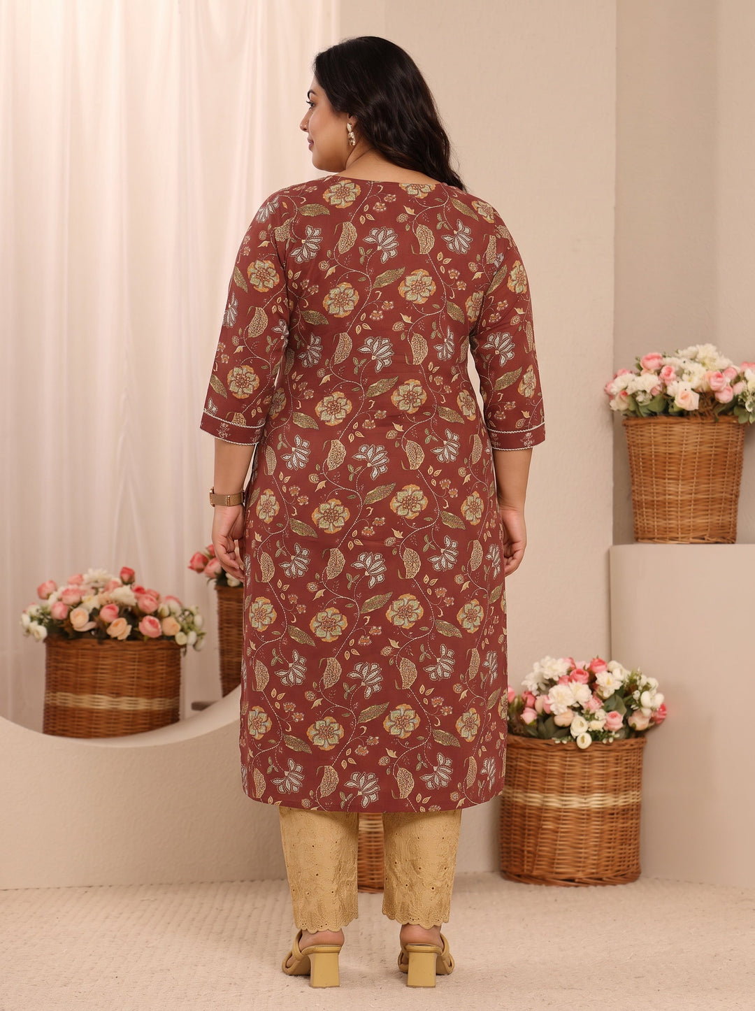 Plus Size Brown Floral Printed Cotton Straight Kurta