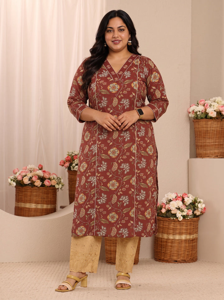 Plus Size Brown Floral Printed Cotton Straight Kurta