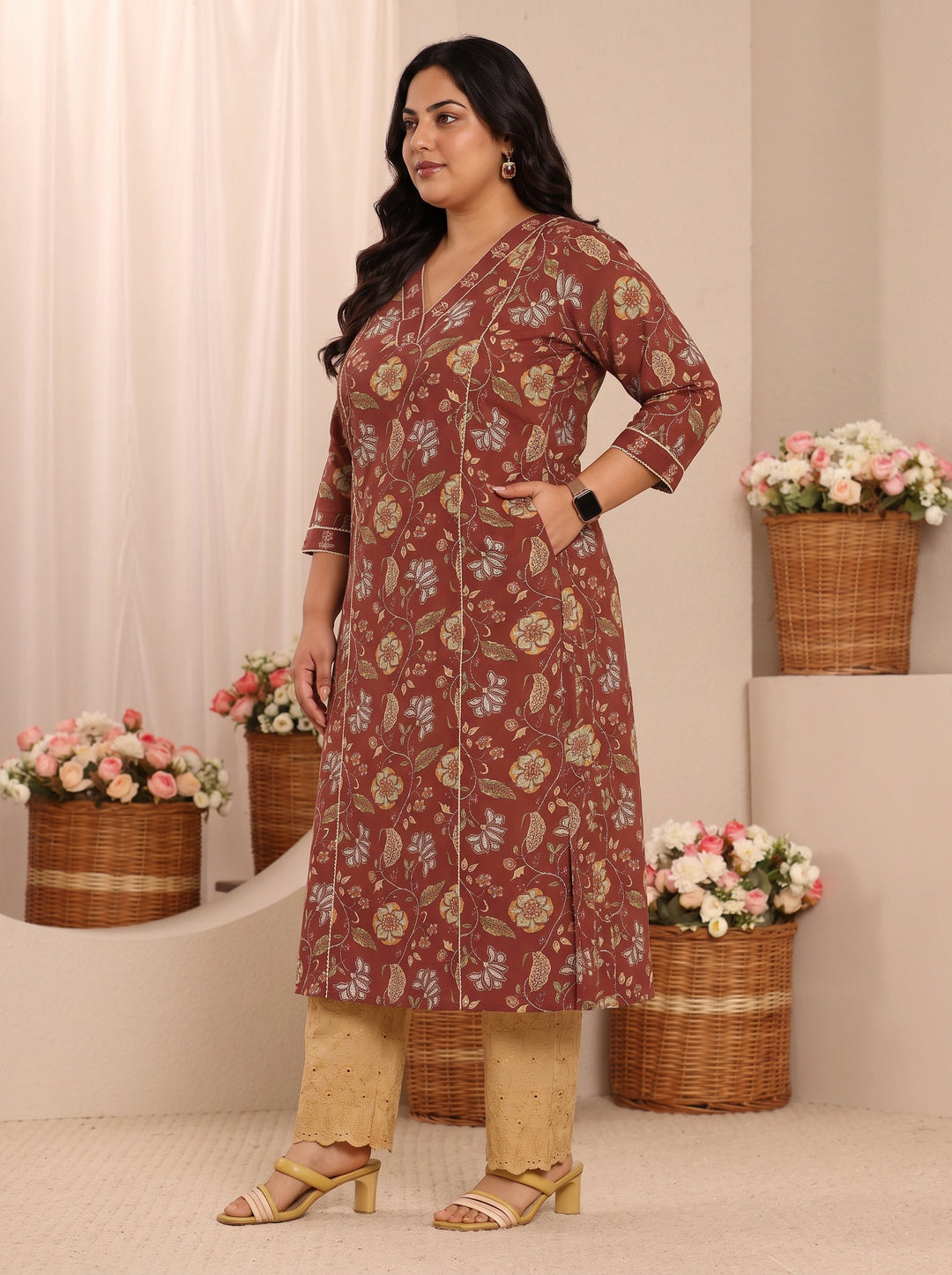 Plus Size Brown Floral Printed Cotton Straight Kurta