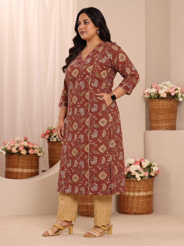 Plus Size Brown Floral Printed Cotton Straight Kurta
