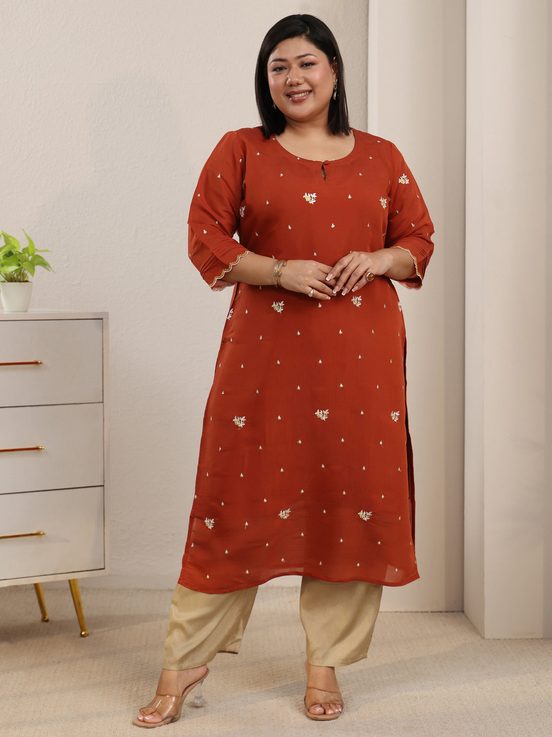 Plus Size Orange Floral Embroidered Chanderi Cotton Straight Kurta