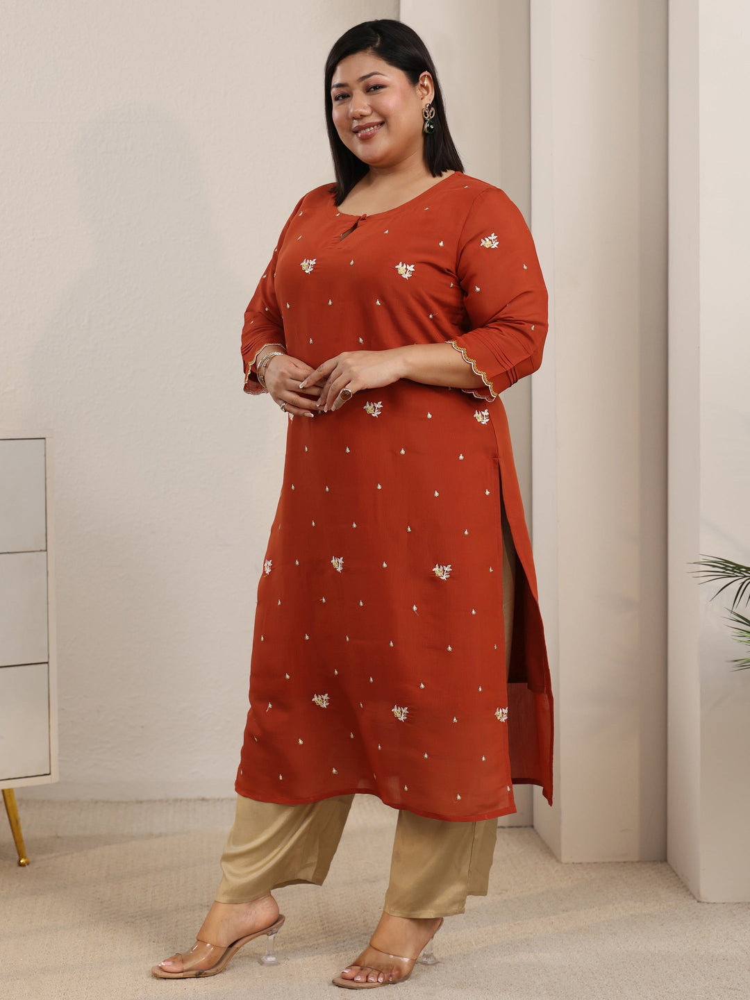 Plus Size Orange Floral Embroidered Chanderi Cotton Straight Kurta