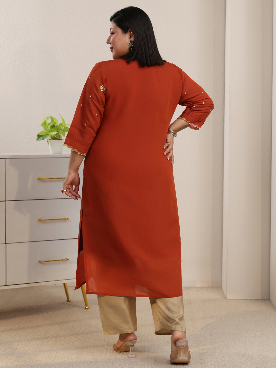 Plus Size Orange Floral Embroidered Chanderi Cotton Straight Kurta