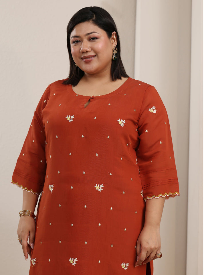 Plus Size Orange Floral Embroidered Chanderi Cotton Straight Kurta