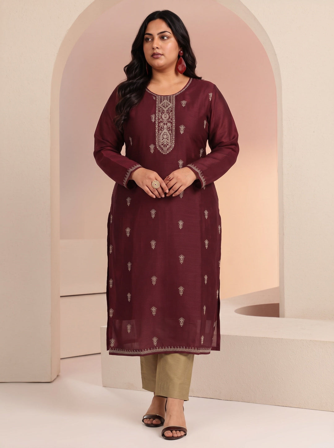 Plus Size Maroon Ethnic Embroidered Silk Blend Straight Kurta