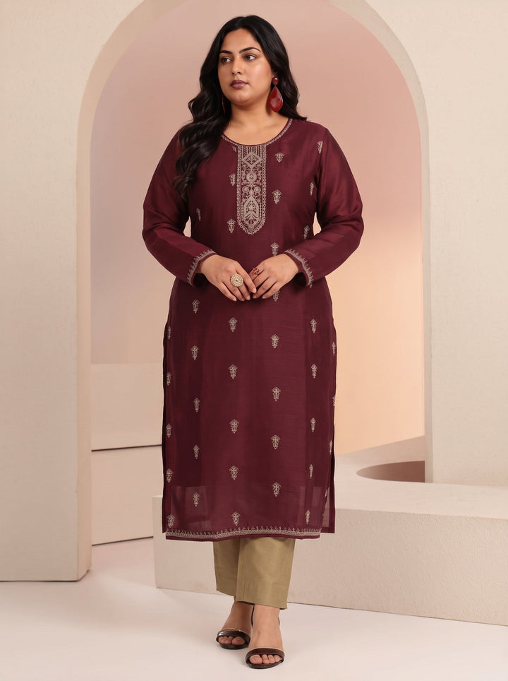 Plus Size Maroon Ethnic Embroidered Silk Blend Straight Kurta