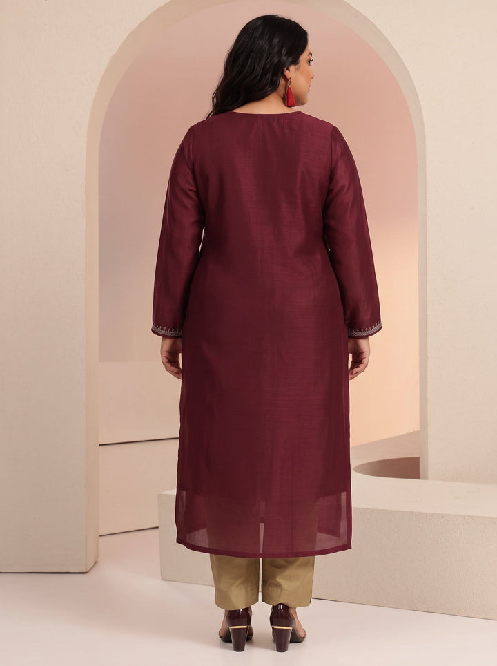 Plus Size Maroon Ethnic Embroidered Silk Blend Straight Kurta