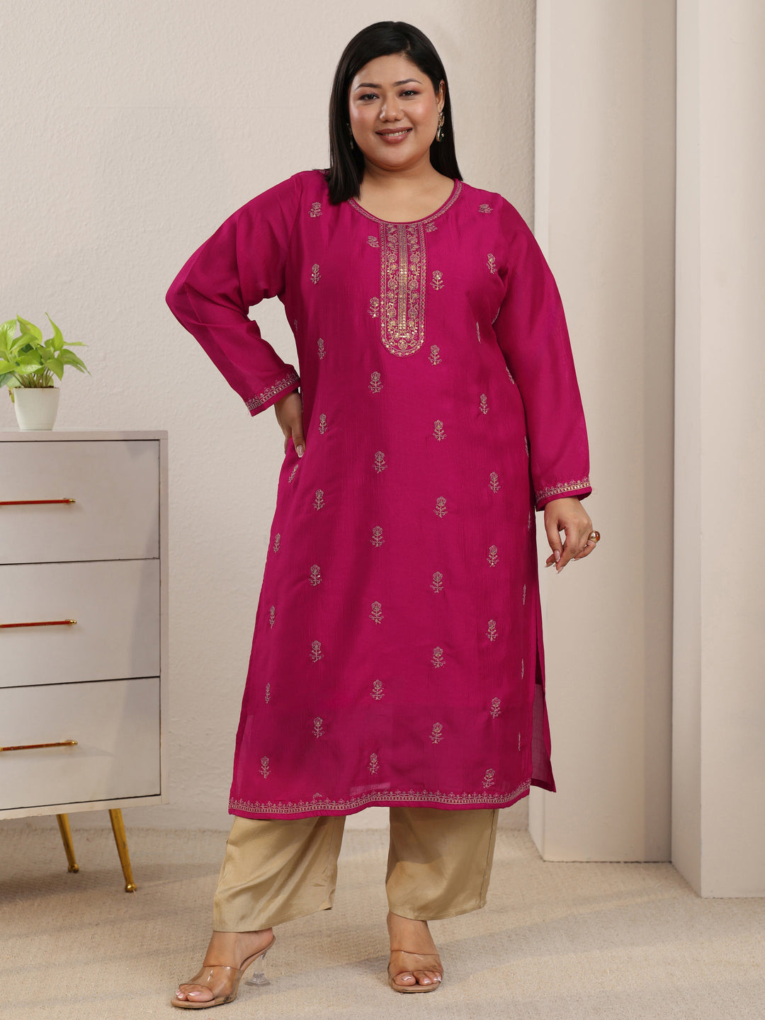 Plus Size Rani Pink Ethnic Embroidered Silk Blend Straight Kurta
