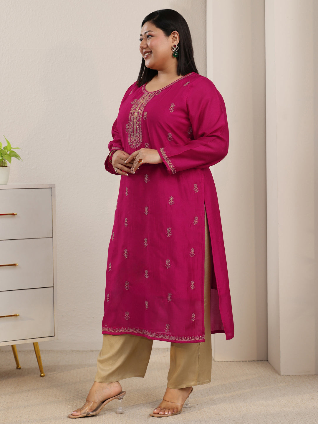 Plus Size Rani Pink Ethnic Embroidered Silk Blend Straight Kurta